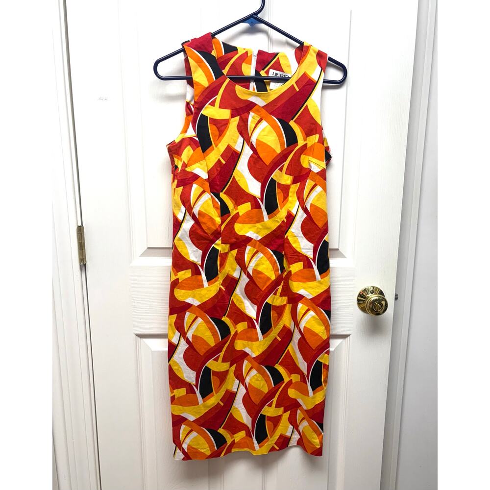 J. W. Treci Dress 70's Geometric Sheath Lined Stretch Cotton, Women's 8 Tall